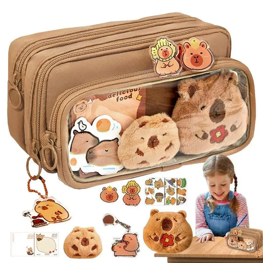 Cartoon Capybara Pencil Case Large Capacity Pencil Pouch Zippers With Brooches Stickers Clips Keychains School Supplies