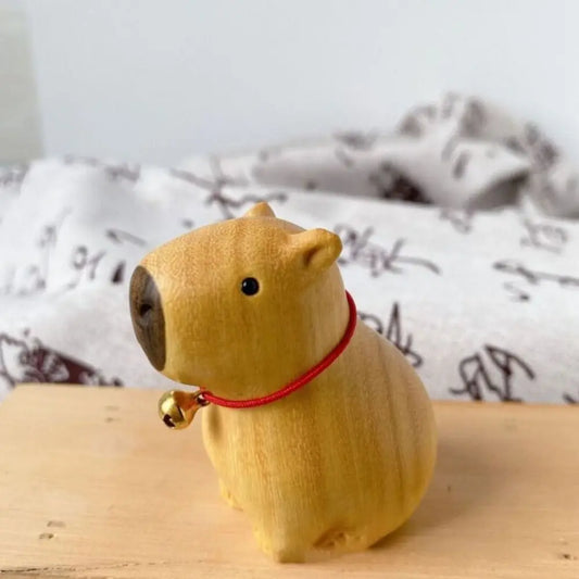 Cartoon Capybara Desktop Figurine Wooden with Bell Collar Mini Animal Sculpture Handcrafted Carved Figurine Home Ornament